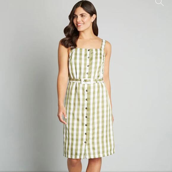 NWT ModCloth Past But Not Least Shirt Dress SMALL Green Gingham Button Front - Picture 1 of 4